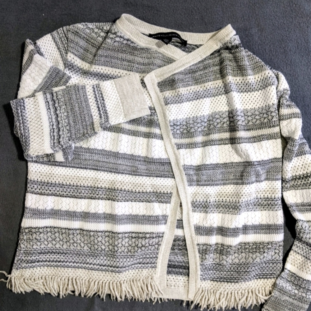White House Black Market medium crop open front cardigan gray ivory gold sparkle